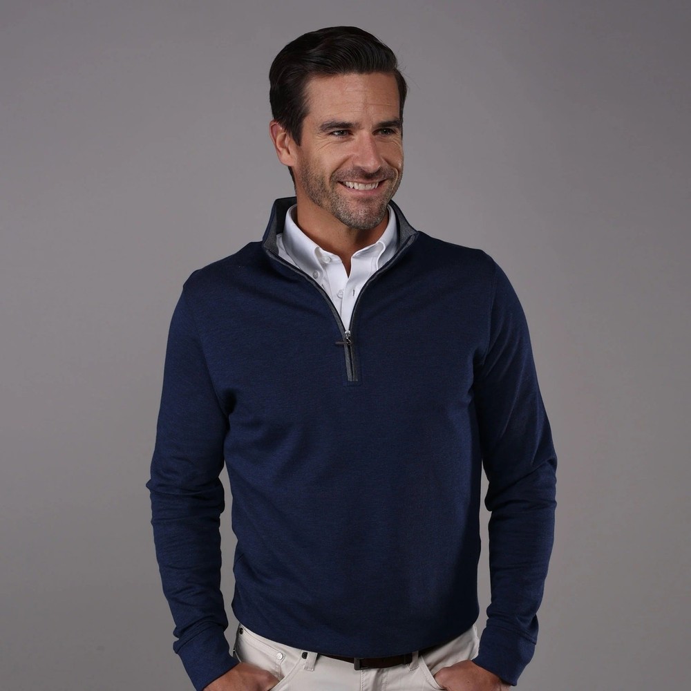 NWOT Collars & Co Heather Cloud Cotton Quarter Zip Navy Blue with Gray Trim XL