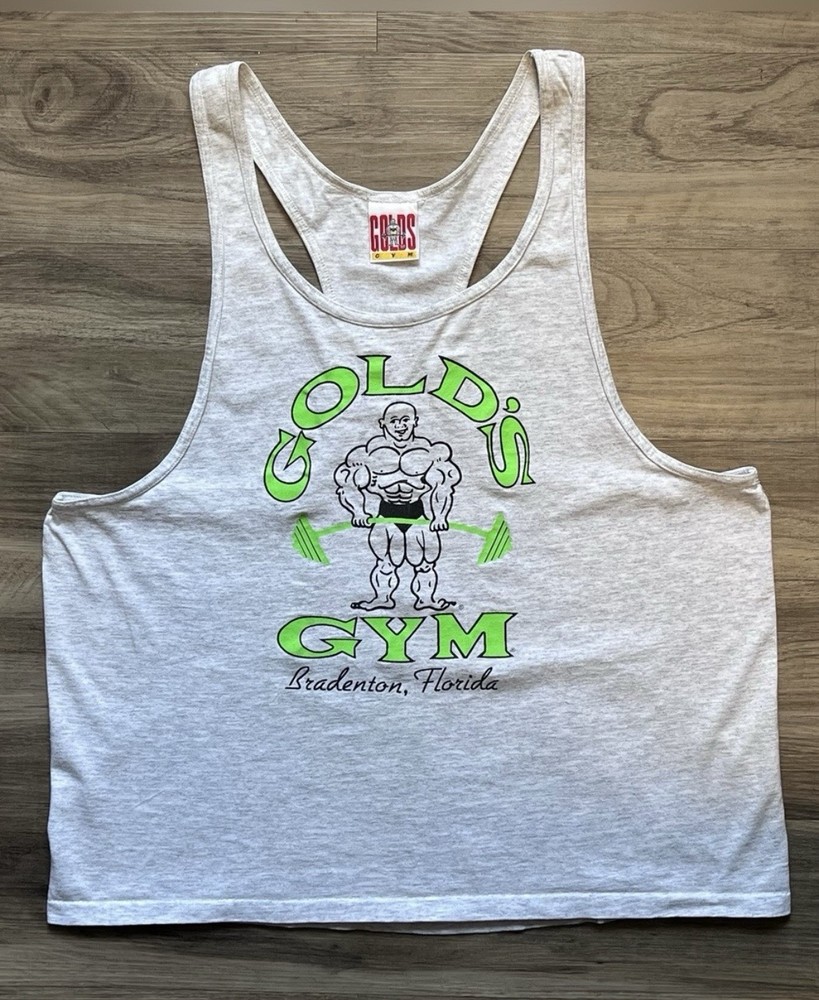 Vtg 90s Gold’s Gym Bradenton FL Tank Top SINGLE STITCH 100% Cotton Grey Green XL