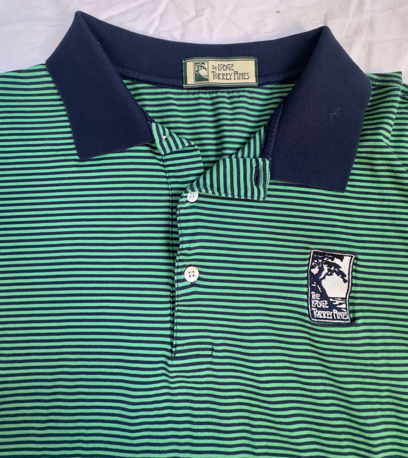 Torrey Pines Logo Green w Blue stripe Golf Lightweight Polo Shirt Mens L gallery