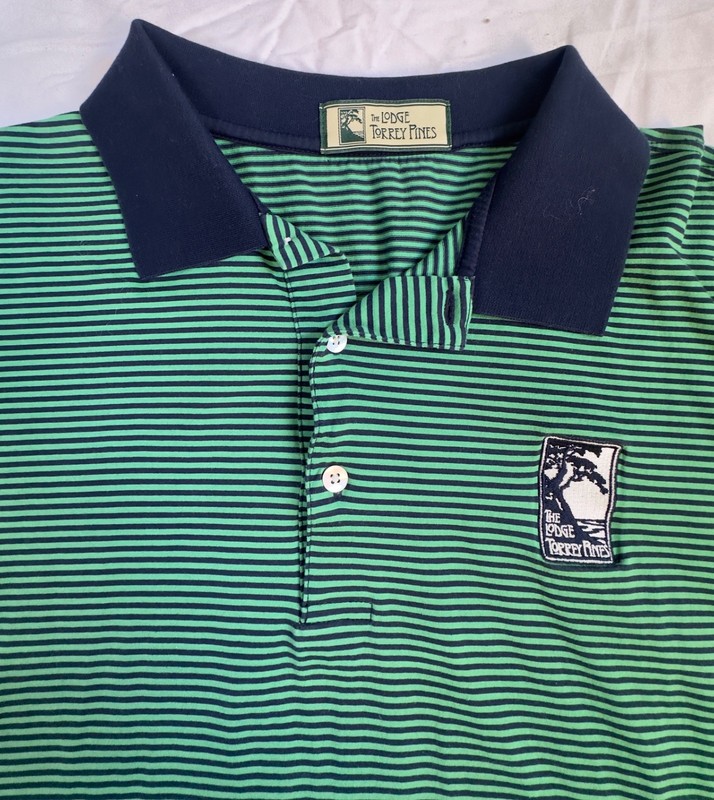 Torrey Pines Logo Green w Blue stripe Golf Lightweight Polo Shirt Mens L gallery