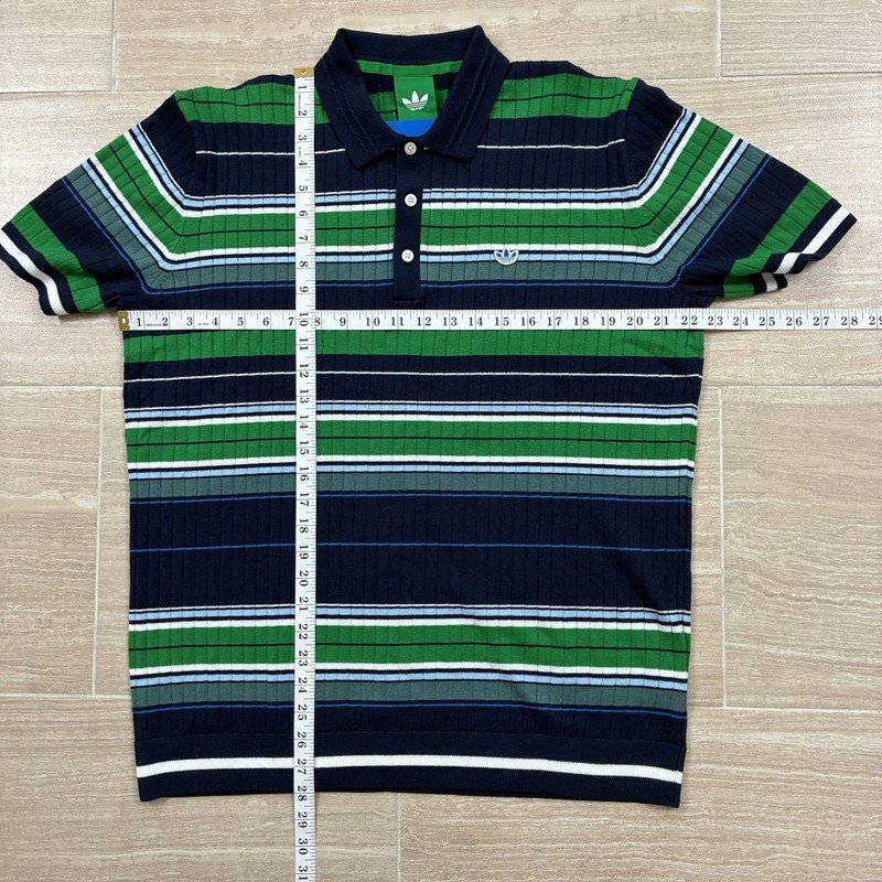 Men’s Size Large adidas Originals Knit Polo Blue Green Striped Wool JW9861 NWT gallery