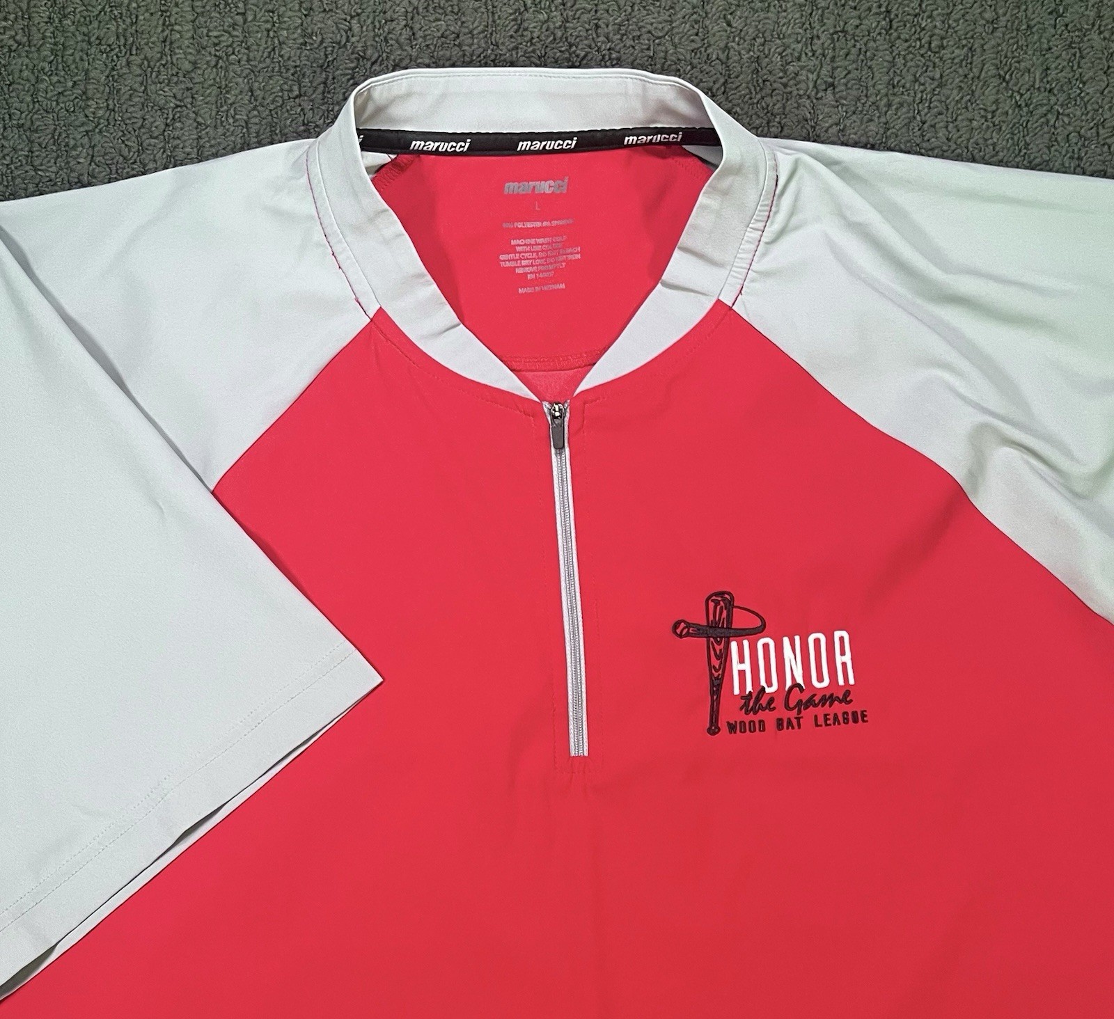 Marucci Honor The Game WBL Large Baseball Wind Shirt Red Gray Quarter Zip Pocket gallery