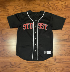 Men Size Small Stussy Black Red White Baseball Short Sleeve Button Up Jersey