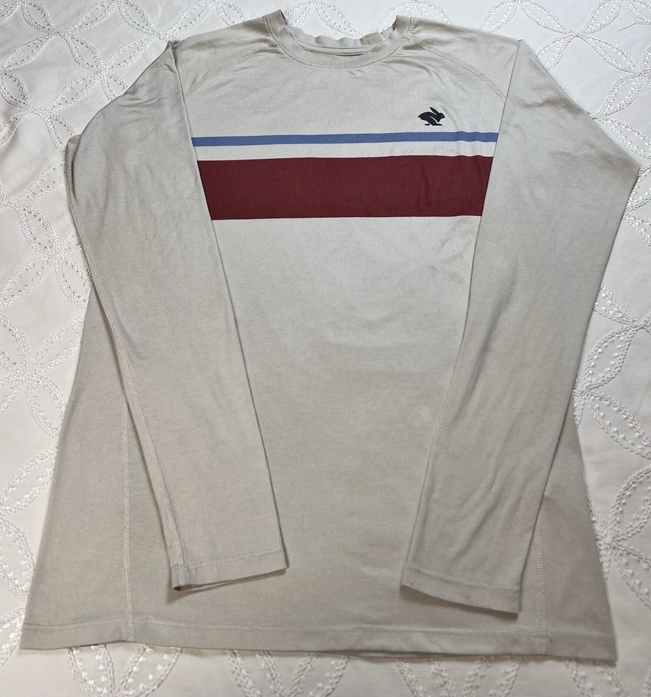 Rabbit EZ Tee Long Sleeve Beige Red Blue Striped Performance Size Small