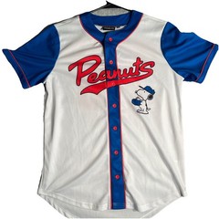 Peanuts Snoopy Baseball Jersey Small White Blue Button Front Short Sleeve