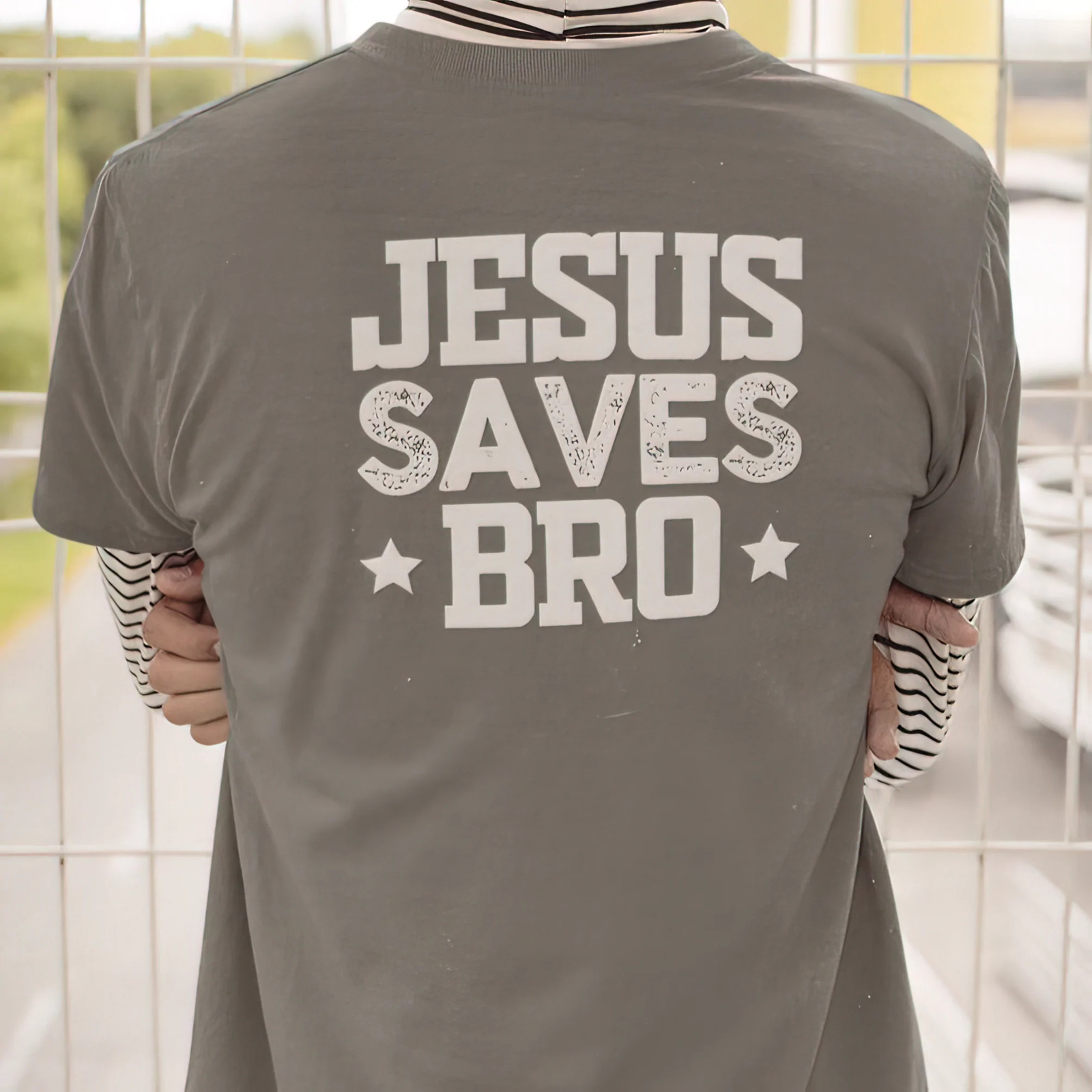 Bella & Canvas Short Sleeve Tee "Jesus Saves Bro" white graphic printed on back gallery