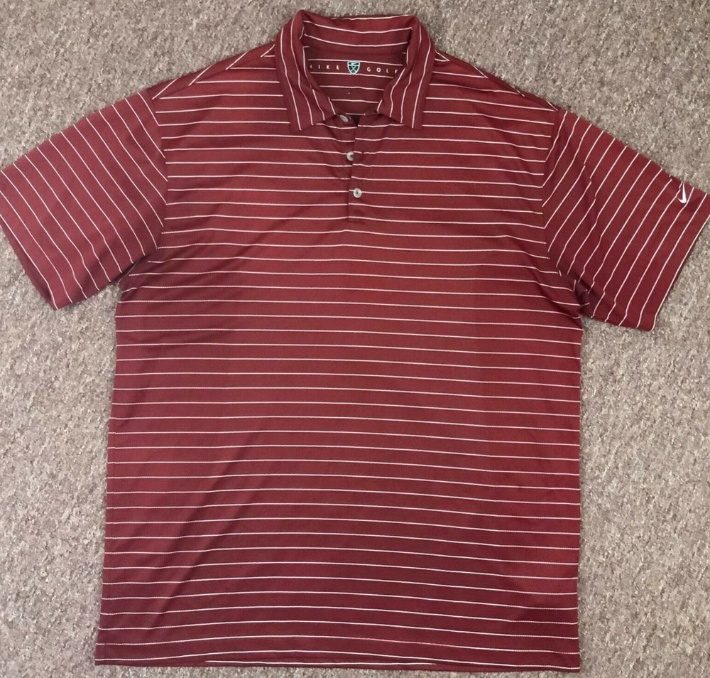 Nike Golf men shirt 3 button Neck Red / Burgundy / white pinstripe Short Sleeve.