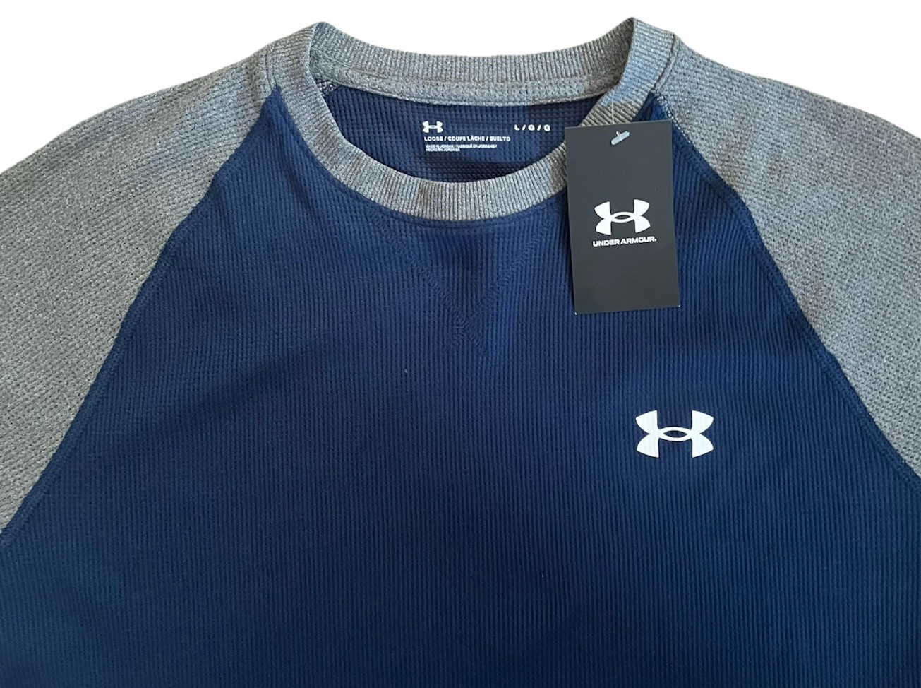 NWT Under Armour Men's UA Waffle Crew Long Sleeve Shirt Comfort Blue Gray Size L gallery