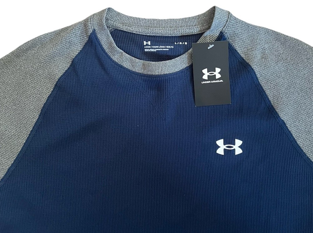 NWT Under Armour Men's UA Waffle Crew Long Sleeve Shirt Comfort Blue Gray Size L