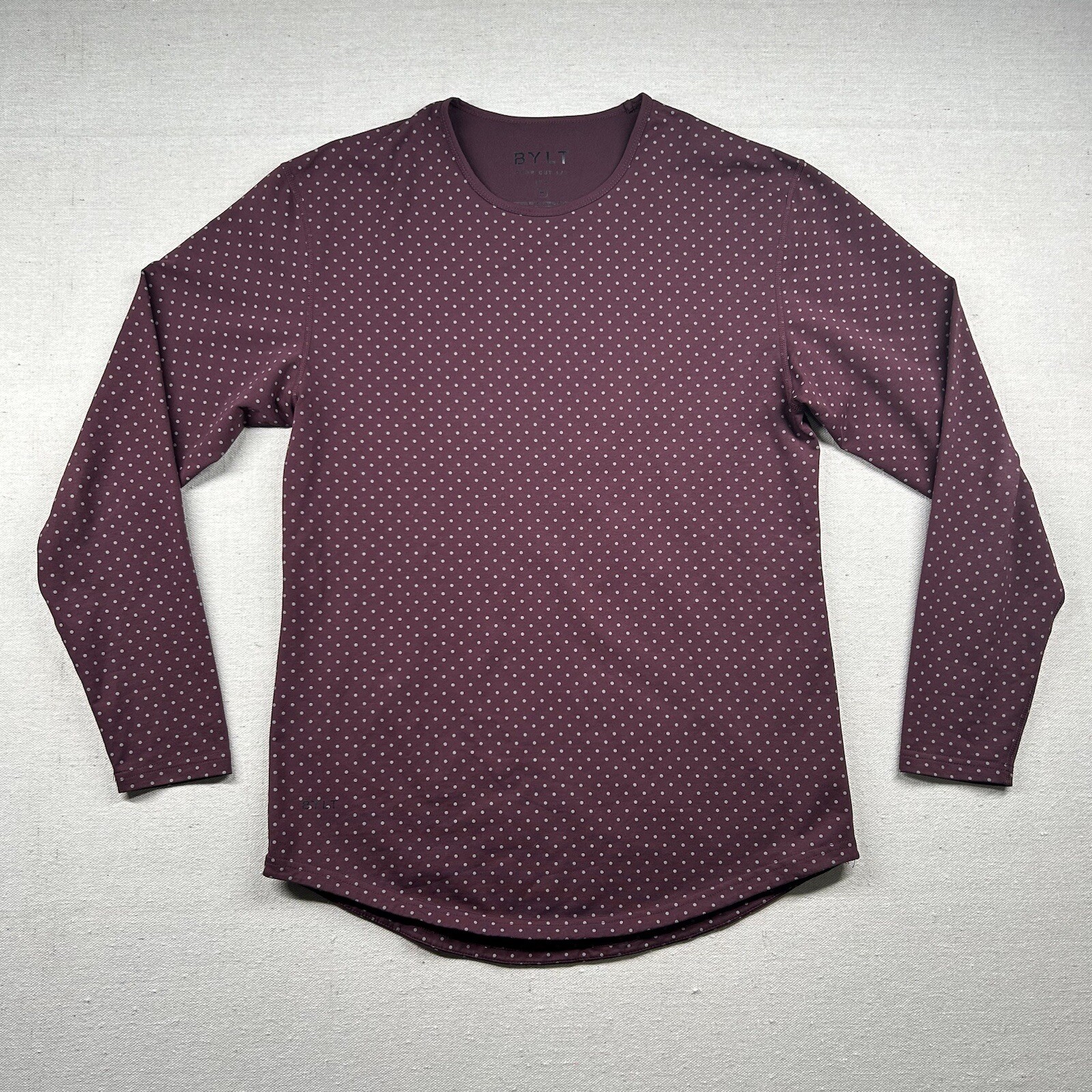 Bylt Shirt Mens M Drop Cut Active Workout Stretch Lux Maroon Polka Dot Burgundy gallery