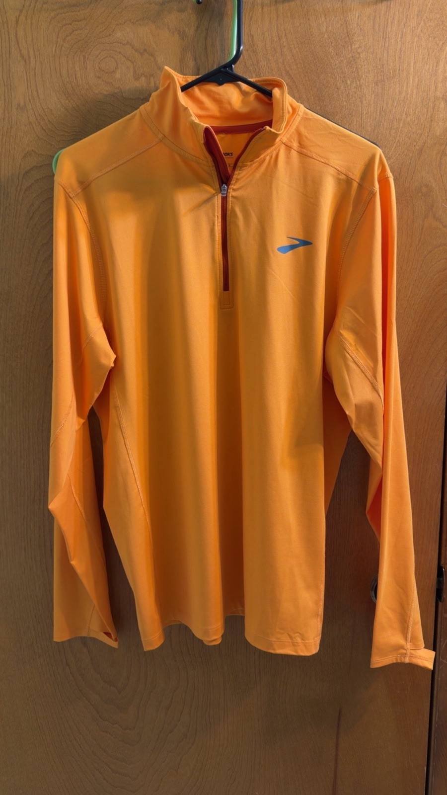 Brooks Mens Large 1/4 Zip Running Pullover Orange Long Sleeve Thumb Holes gallery