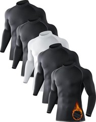 4 BLACK Pack Men’s Thermal Turtle Neck Shirts, Long Sleeve Compression Shirt L