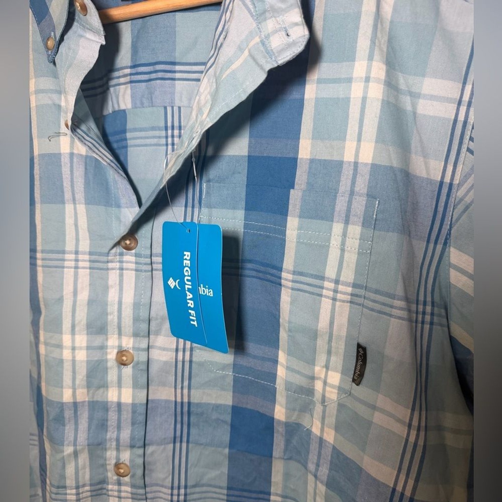 Columbia Mens Rapid Rivers Short Sleeve Shirt Light Blue Plaid Casual Large gallery