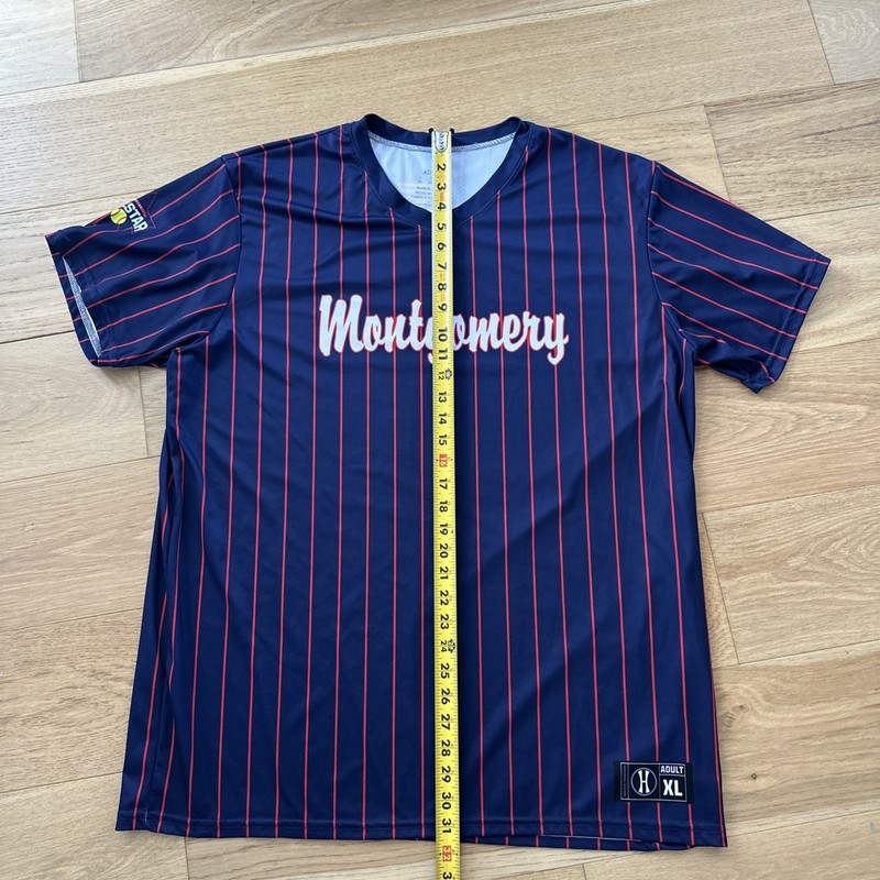 Montgomery Coach All-Star Softball Jersey Men XL Navy Red Pinstripe Short Sleeve gallery