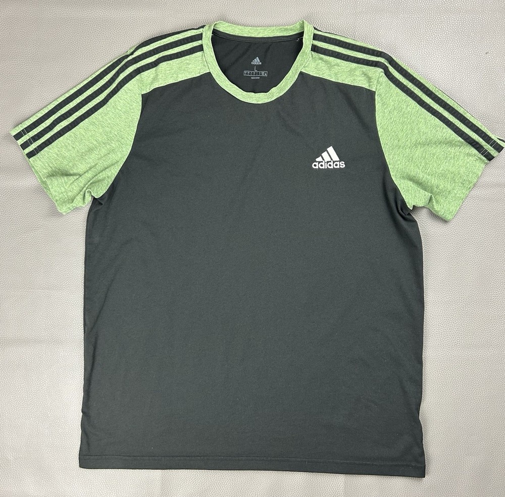 Adidas Mens Large Athletic T-Shirt Black Green 3 Stripe Crew Neck Performance