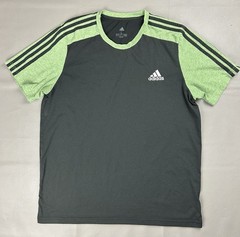 Adidas Mens Large Athletic T-Shirt Black Green 3 Stripe Crew Neck Performance