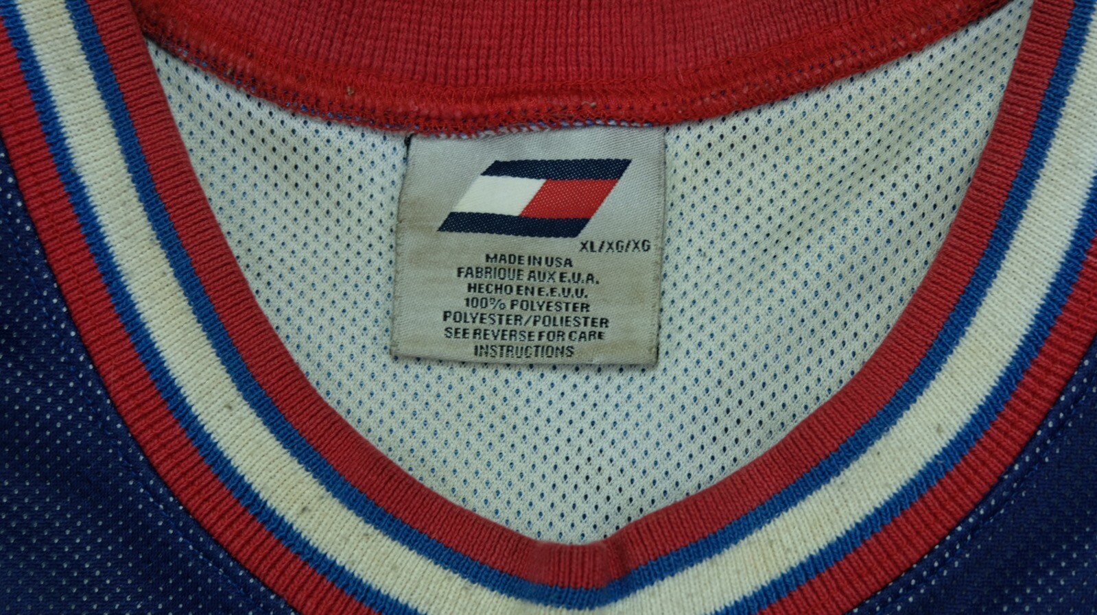 Rare VTG TOMMY ATHLETICS Hilfiger Spell Out Flag Basketball Jersey 90s Navy XL gallery