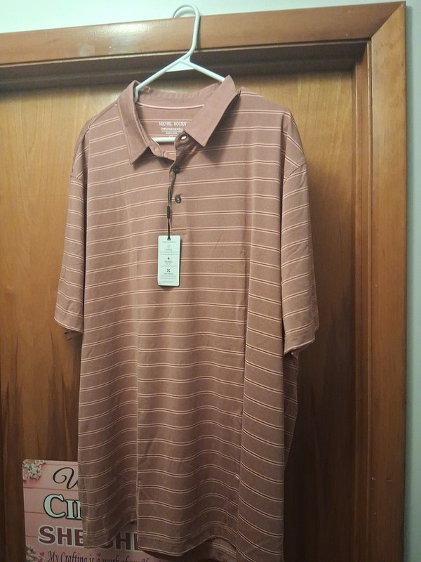 NWT Michel Rouen Men's Performance Polo Golf Shirt. Brown Stripe, Size 3XL. gallery