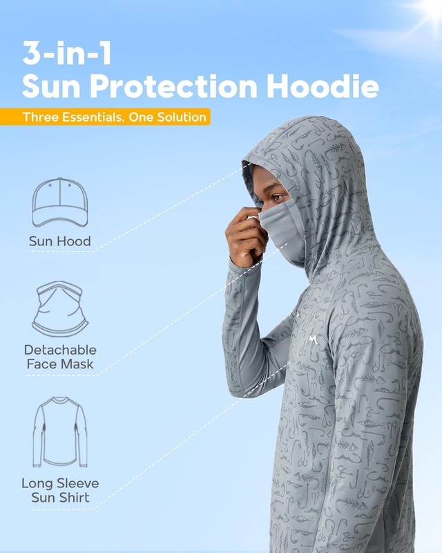 Men’s UPF 50+ Fishing Shirt Sun Hoodie with Detachable , Long Sleeve UV Rash ... gallery