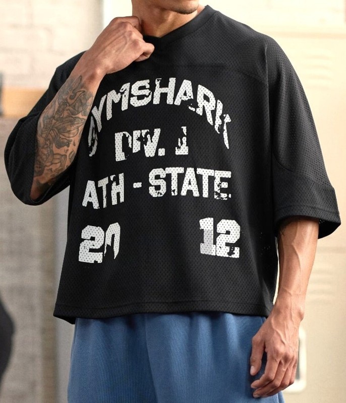 GYMSHARK 'Mesh Oversized Graphic Football Jersey' Men's T-Shirt Black S *NWT* gallery