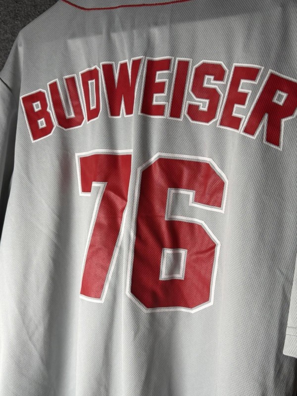 Budweiser Beer Baseball Jersey Gray Button Up #76 Short Sleeve Men Large L gallery