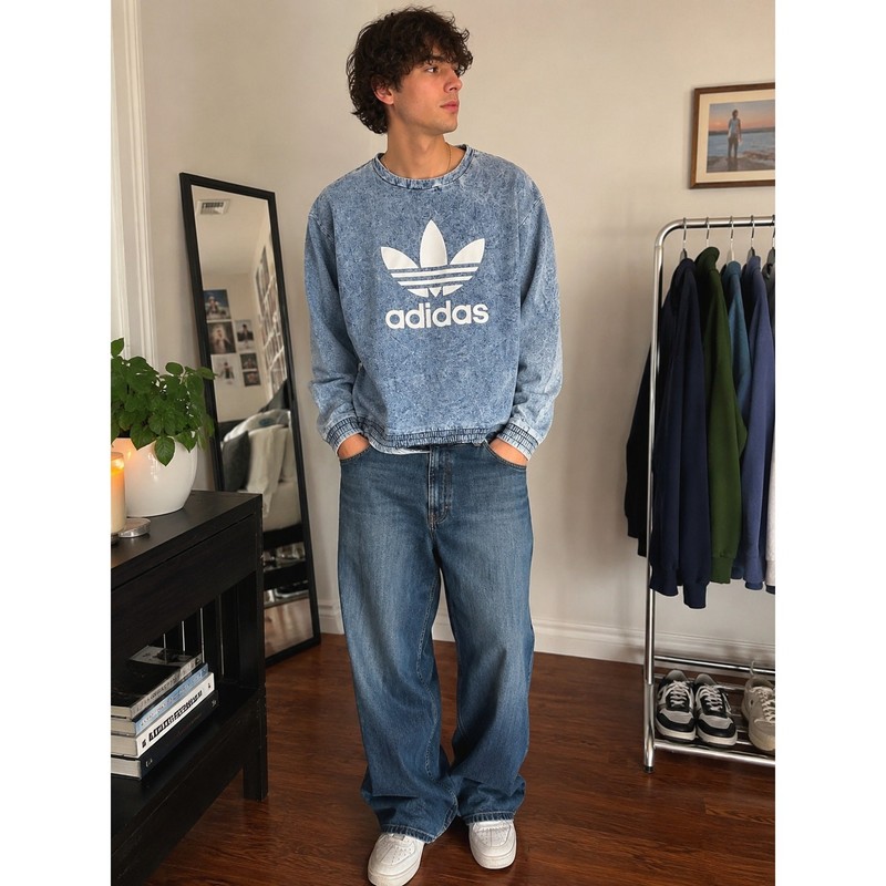 Rare Adidas Originals Acid Wash Sweatshirt Men XL Denim Look Trefoil Y2K gallery