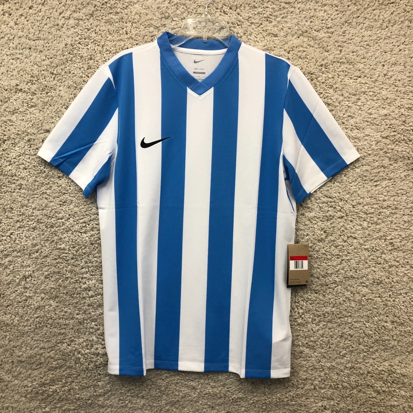 NEW Nike Jersey Shirt Large Blue White Slim Fit Swoosh V-Neck Striped Soccer Men gallery