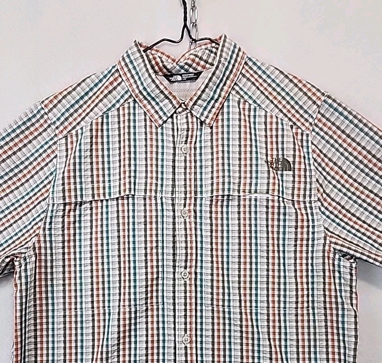 The North Face Men's L Fishing Hiking Vented SS Brown Orange Plaid Outdoor Shirt