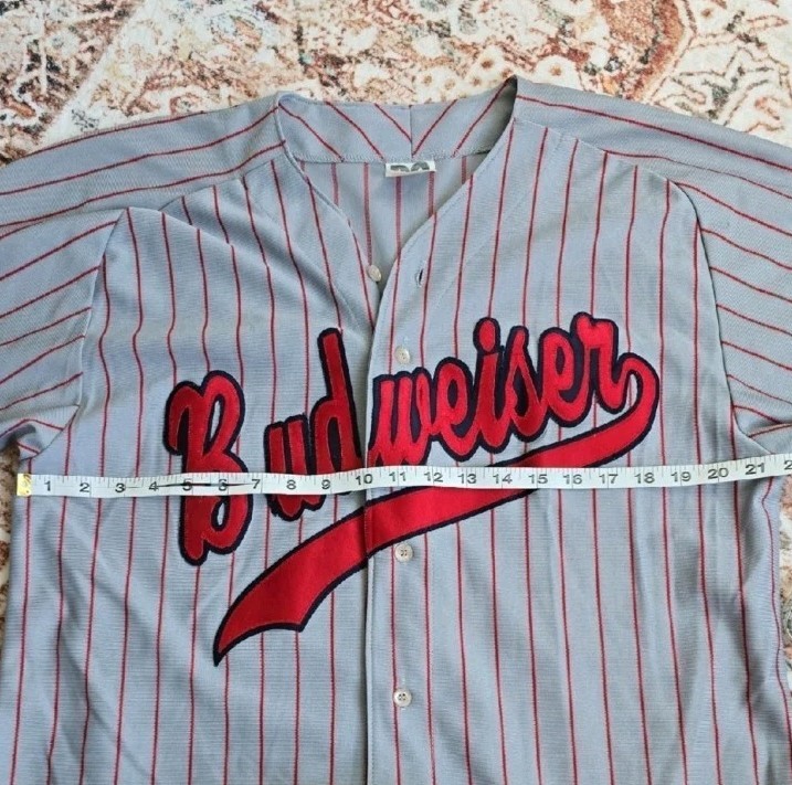 Vintage Budweiser Men's Gray And Red Striped Base Jersey Size L gallery