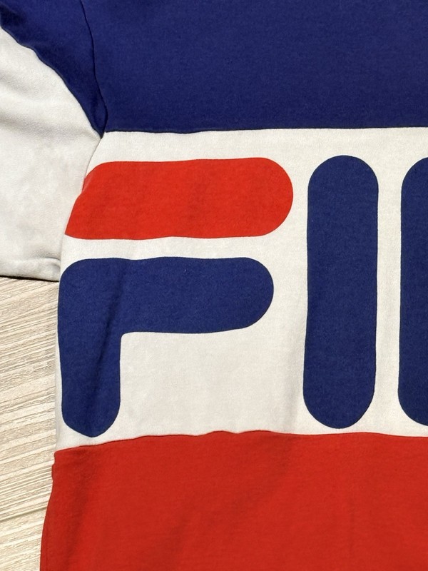 FILA Color Block Mens Short Sleeve Sz Medium M Spell Out - Red White Blue gallery