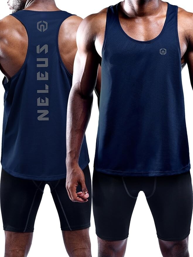 NELEUS Men's 3 Pack Dry Fit Y-Back Muscle Tank Top (Black, Blue, Navy) XS gallery