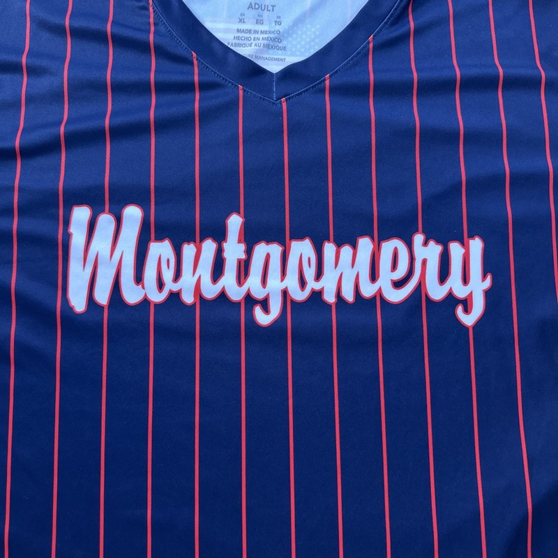 Montgomery Coach All-Star Softball Jersey Men XL Navy Red Pinstripe Short Sleeve gallery