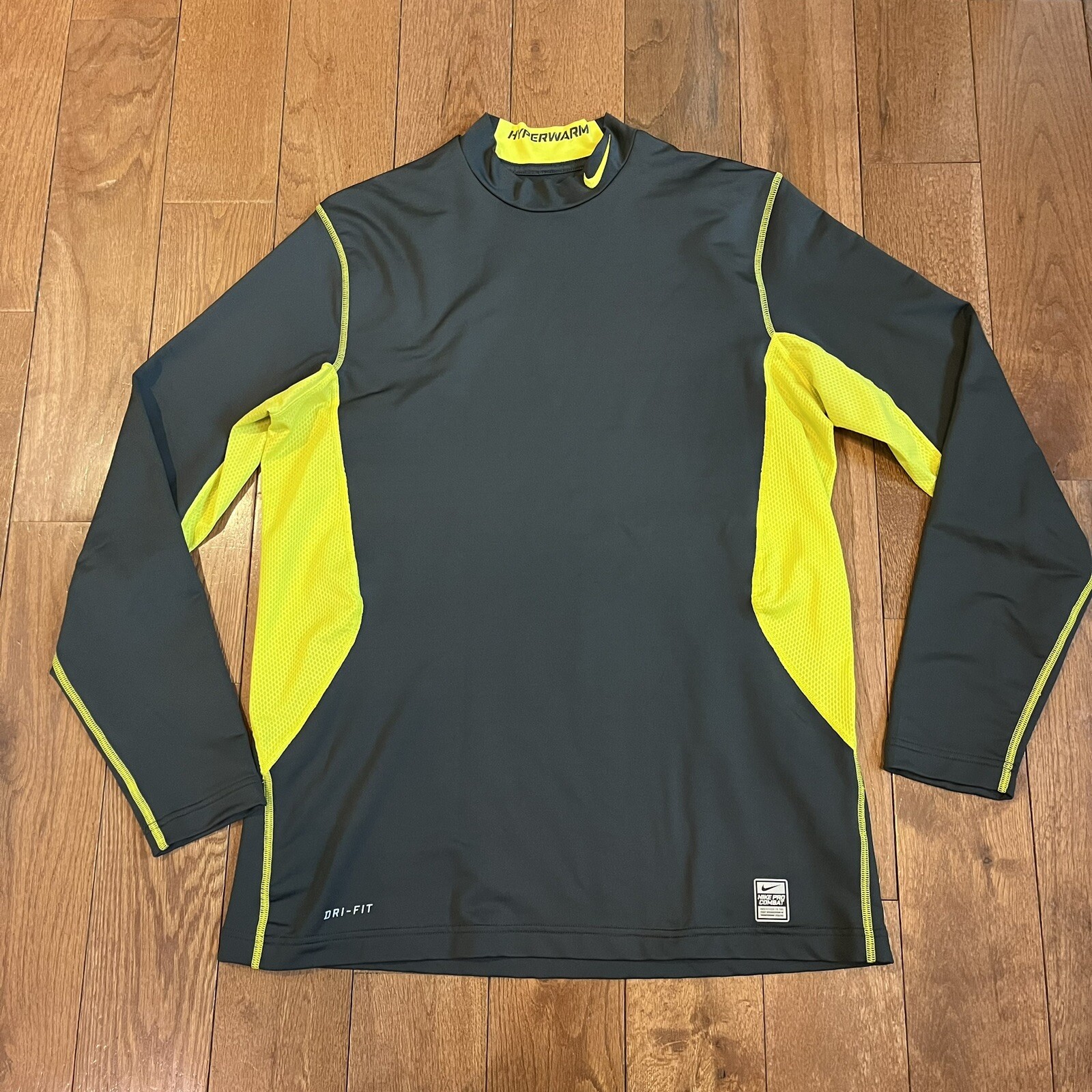 Mens Nike Pro Combat Hyperwarm Fitted Shirt Mock Neck Gray Neon Yellow sz Large gallery