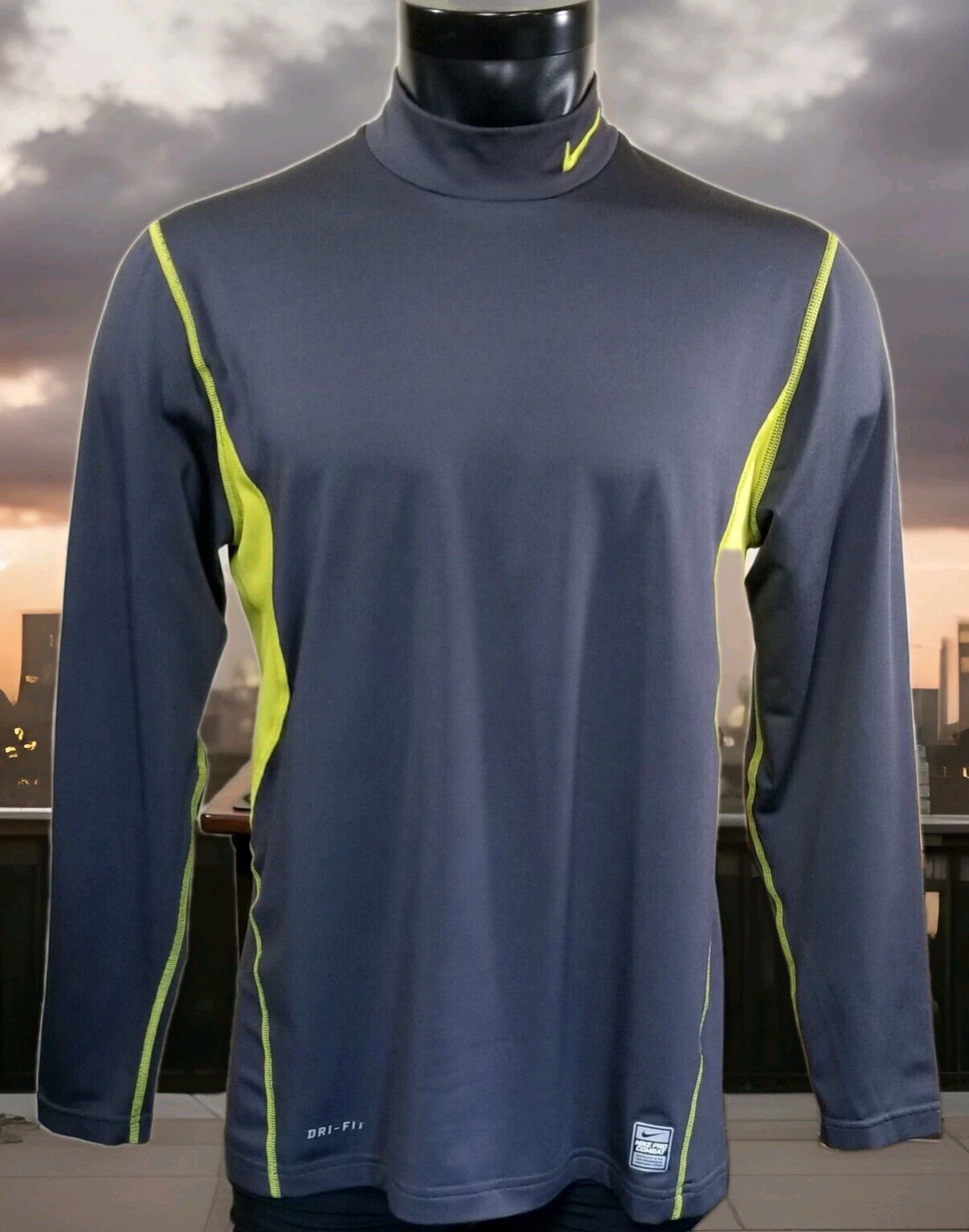 NikePro Combat Fitted Dri-Fit L/S Neon Yellow/Gray Shirt Top Sz L *Notes gallery