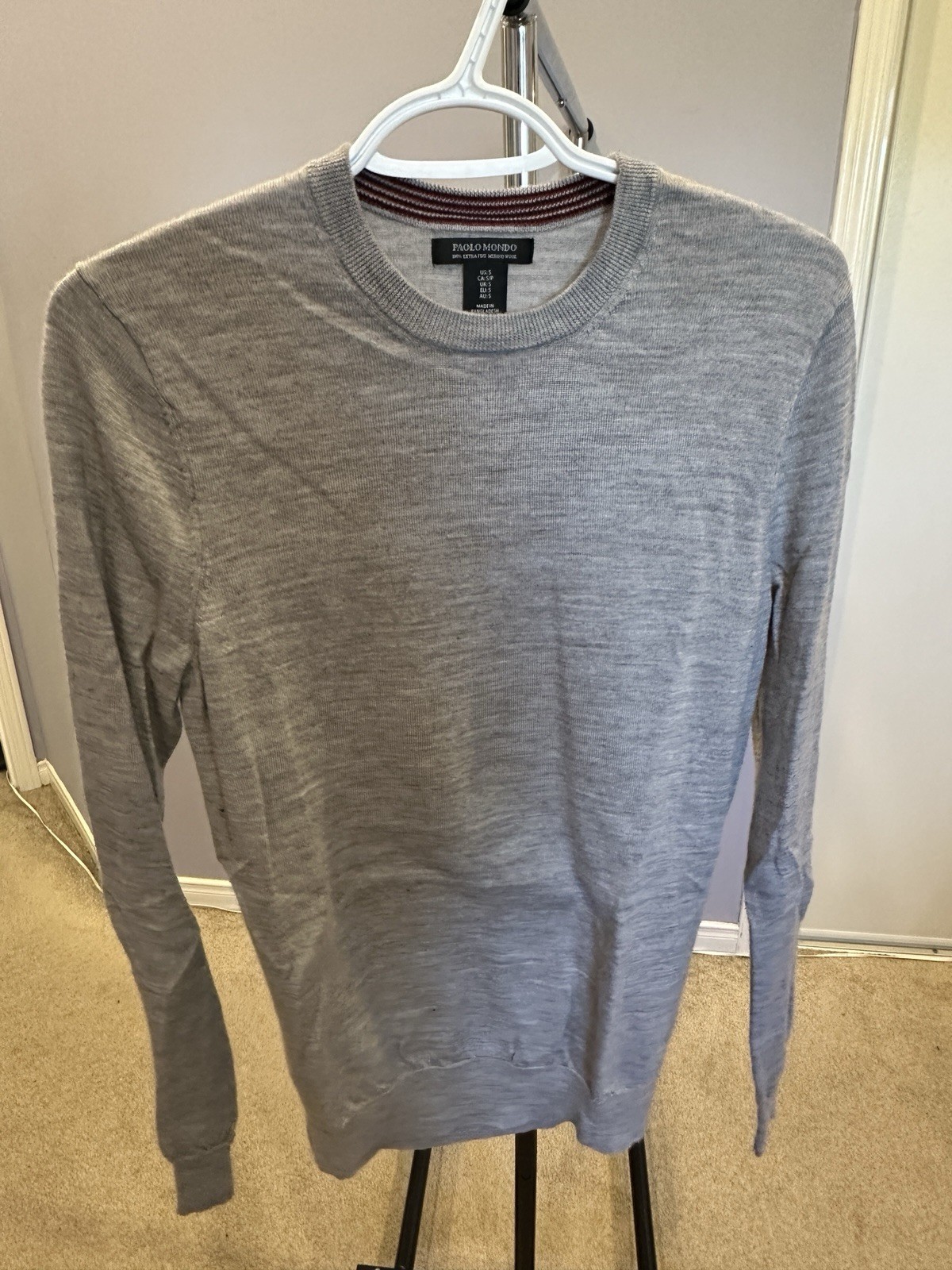 Paolo Mondo Men Small Gray Merino Wool Slim Fit Lightweight Knit Sweater gallery