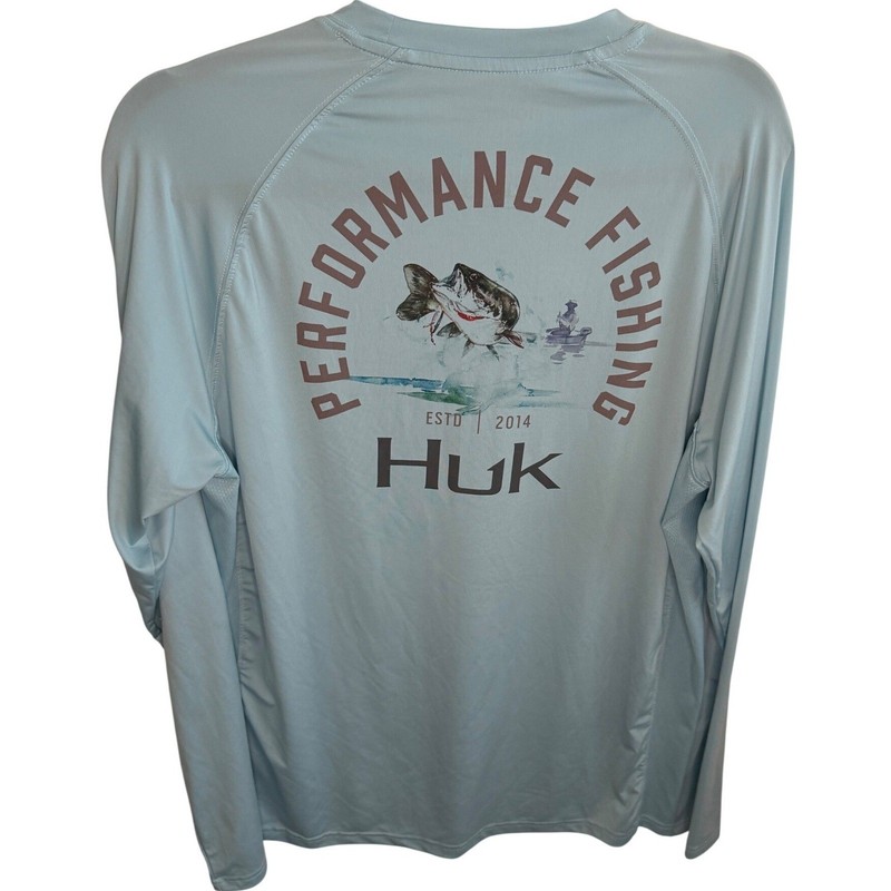 Huk Performance Fishing Shirt Men's Medium Blue Long Sleeve Bass Graphic Tee gallery