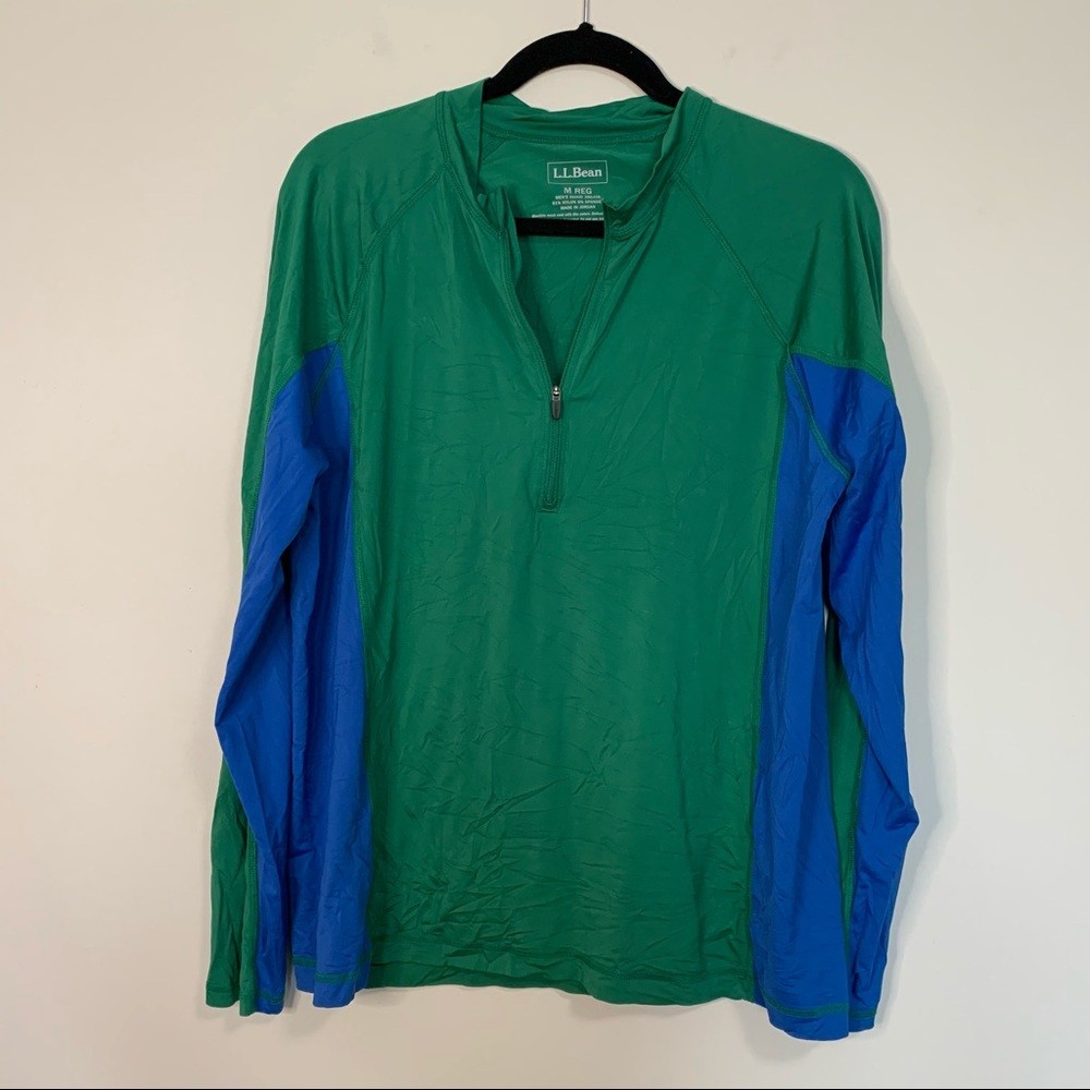LL Bean Men Green Blue Contrast Nylon Long Sleeve Zip Shirt Medium gallery