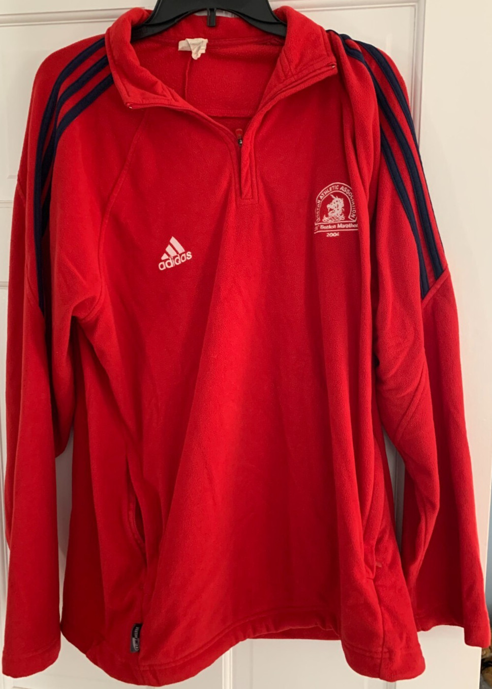 2004 Adidas Boston Marathon Climawarm Red Fleece Quarter-Zip Pullover Men's Med. gallery