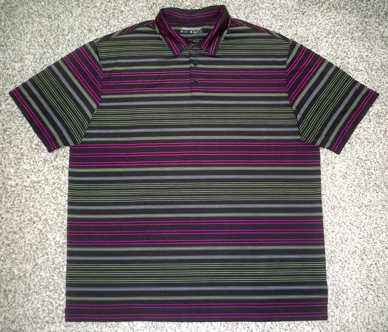 Men's NIKE GOLF Dri-Fit Polo XL BLACK Striped w/Purple Swoosh ~ Poly/Spandex gallery