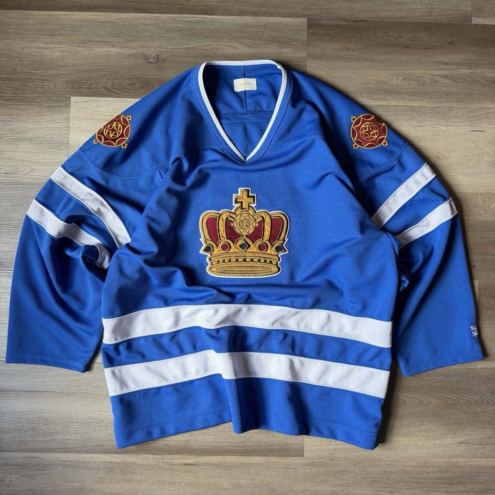Aime Leon Dore ALD Blue Team Hockey Jersey Embroidered Logo Patches Men’s Sz XL