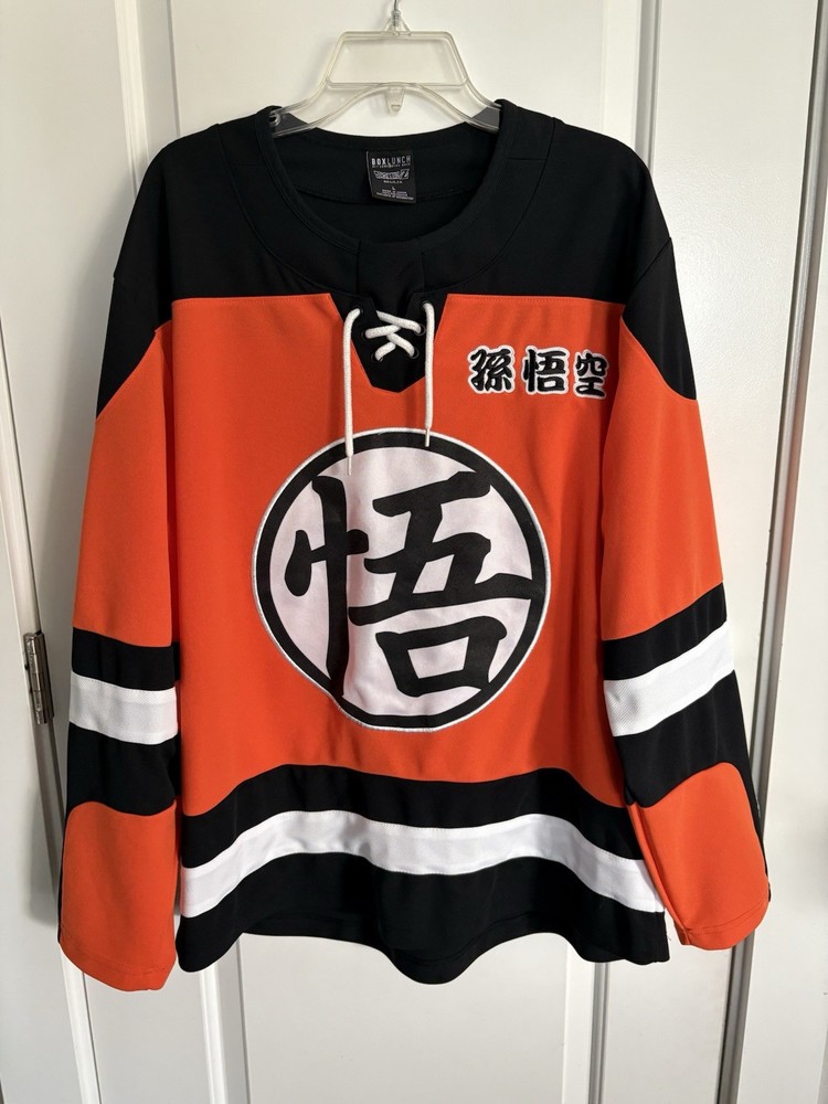 EUC MENS L LG BOX LUNCH DRAGON BALL Z SON GOKU #59 HOCKEY JERSEY TOP ANIME SEWN