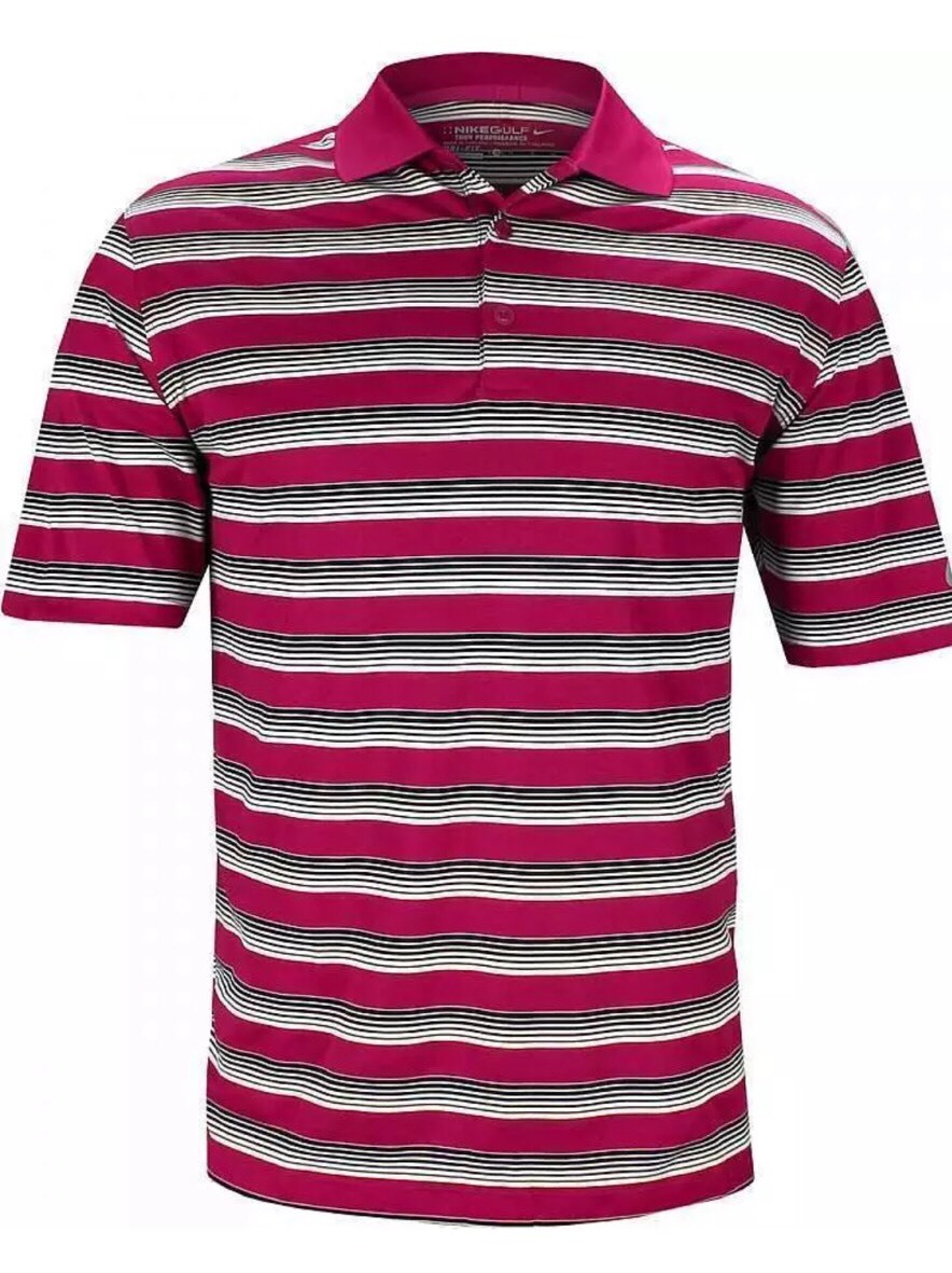NWT $65 NIKE Golf Mens Polo Tech Dri Fit Pink/ White/Black Striped ~small gallery