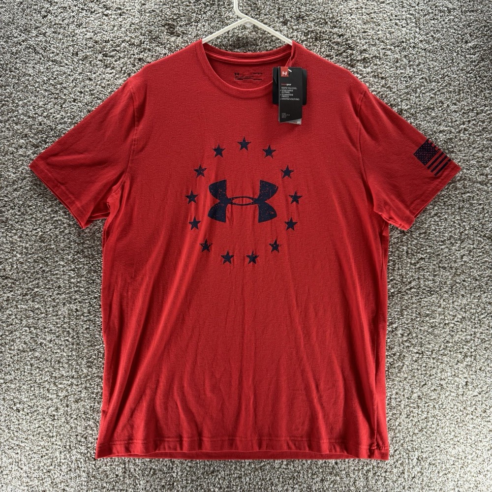 Under armour Freedom Shirt Mens Large Red Short Sleeves New With Tags Loose Heat