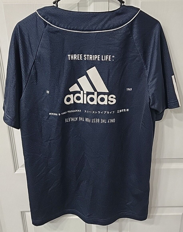 Adidas Navy Mesh Knit Snap Front Short Sleeve Sports Jersey Size M gallery
