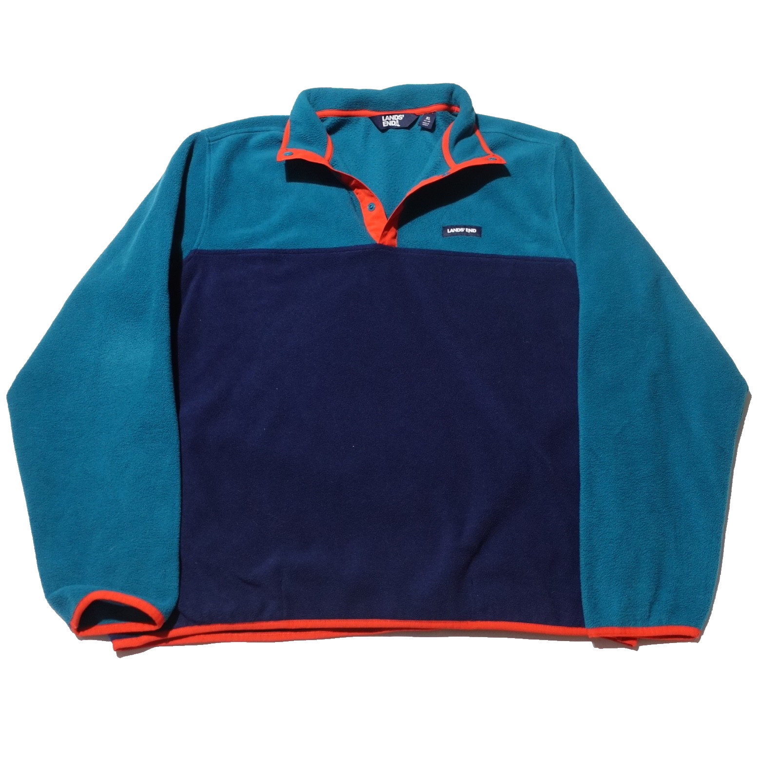 Lands' End Fleece Pullover Jacket Soft Teal Navy Orange Snap Closure Men's XL gallery
