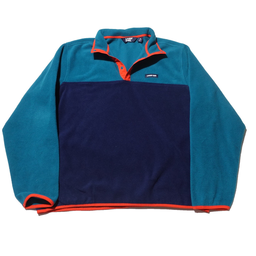 Lands' End Fleece Pullover Jacket Soft Teal Navy Orange Snap Closure Men's XL