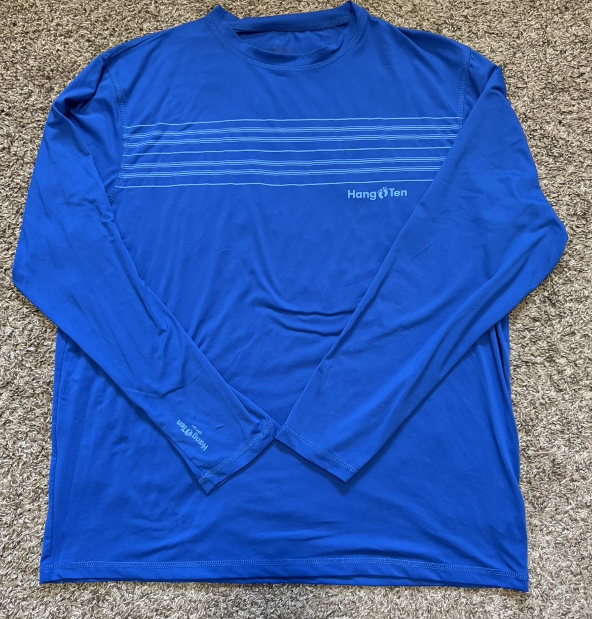 HANG TEN UPF 50+ Long-Sleeve Sun Tee MENS LARGE Blue With Stripes gallery