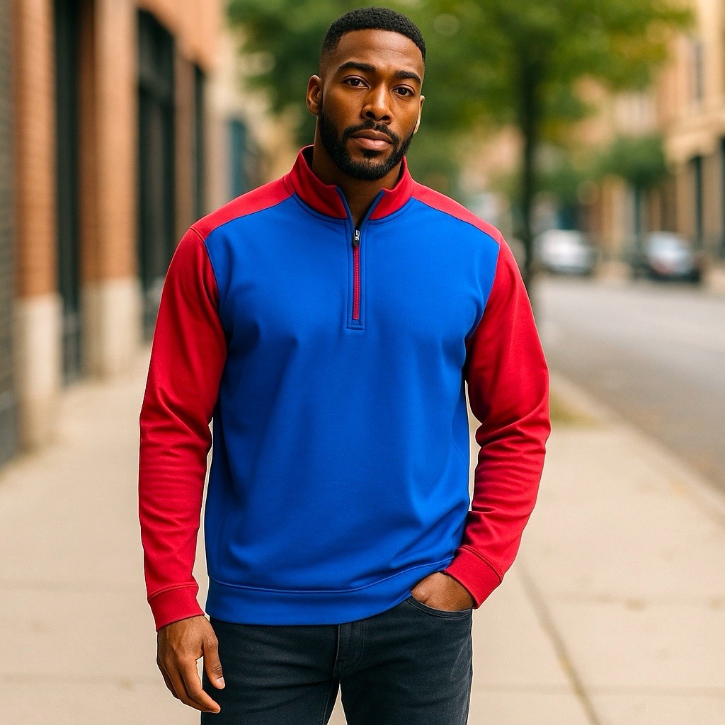 Antigua Men’s 3XL Long Sleeve 1/4 Zip Pullover in Blue & Red Color Block New gallery