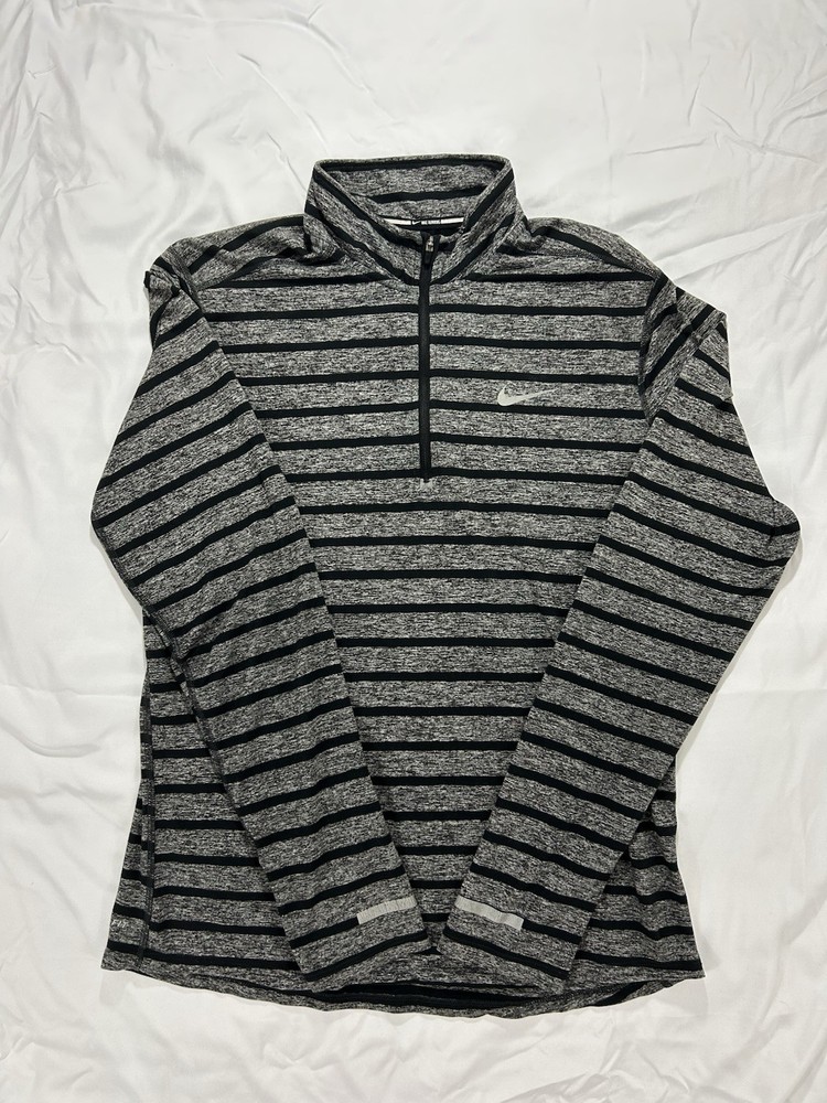 Nike Running Dri-Fit Top Mens M Gray Striped 1/4 Zip Long Sleeve White Swoosh