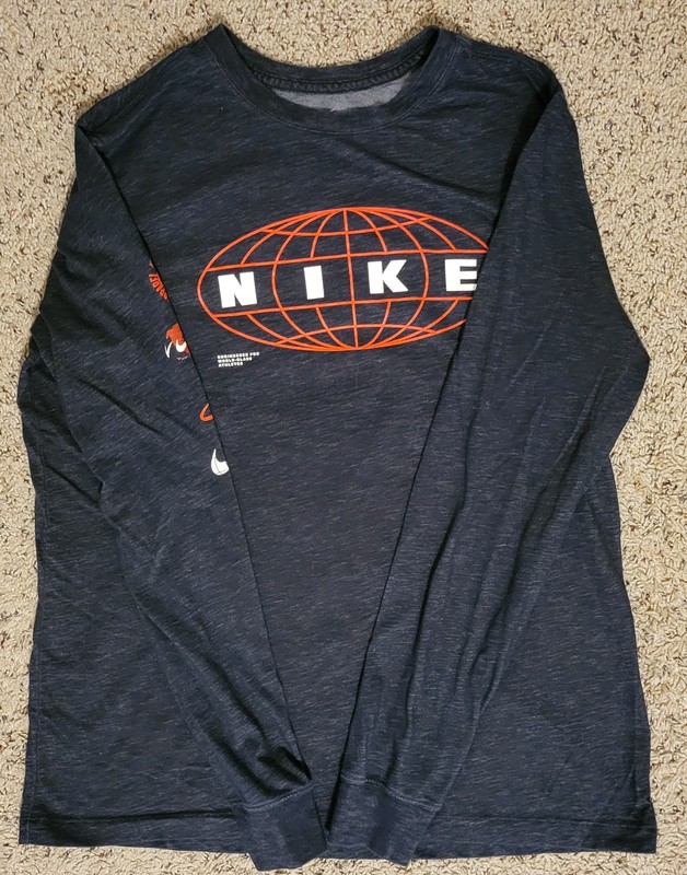 Nike Dri-FIT Men's L Activewear Long Sleeve T-Shirt Black Orange Globe Graphic gallery